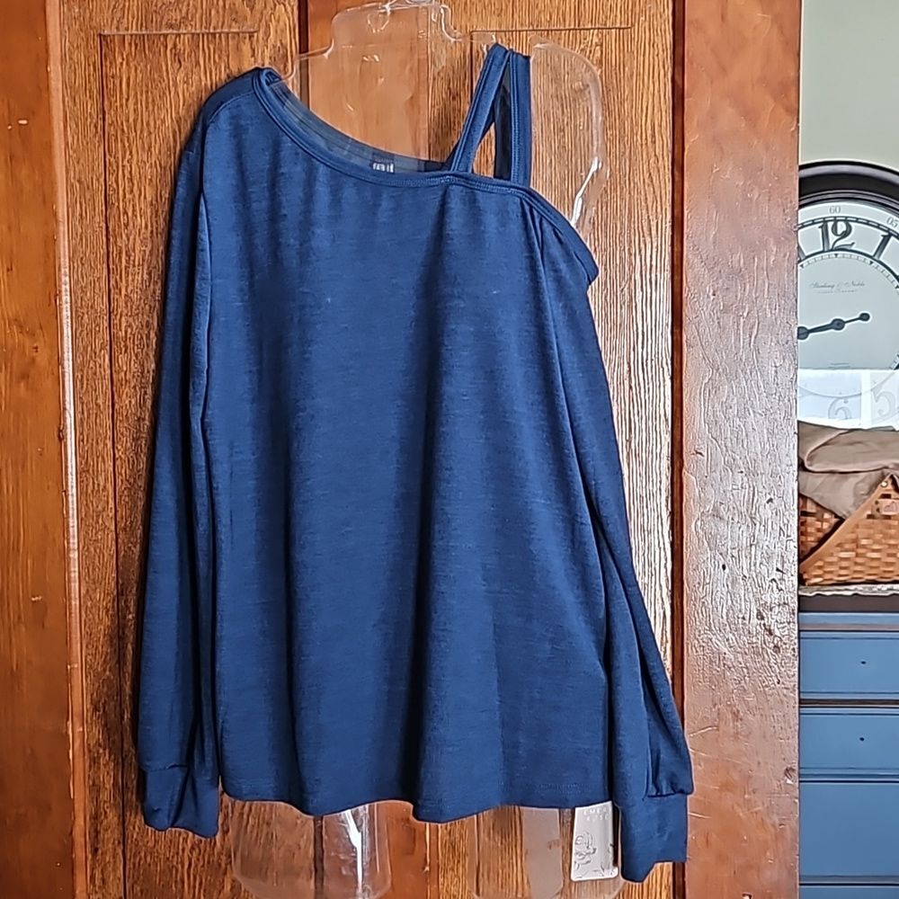 Emery Rose Blue One Cold‎ Shoulder with straps Women's Large Summer Blouse